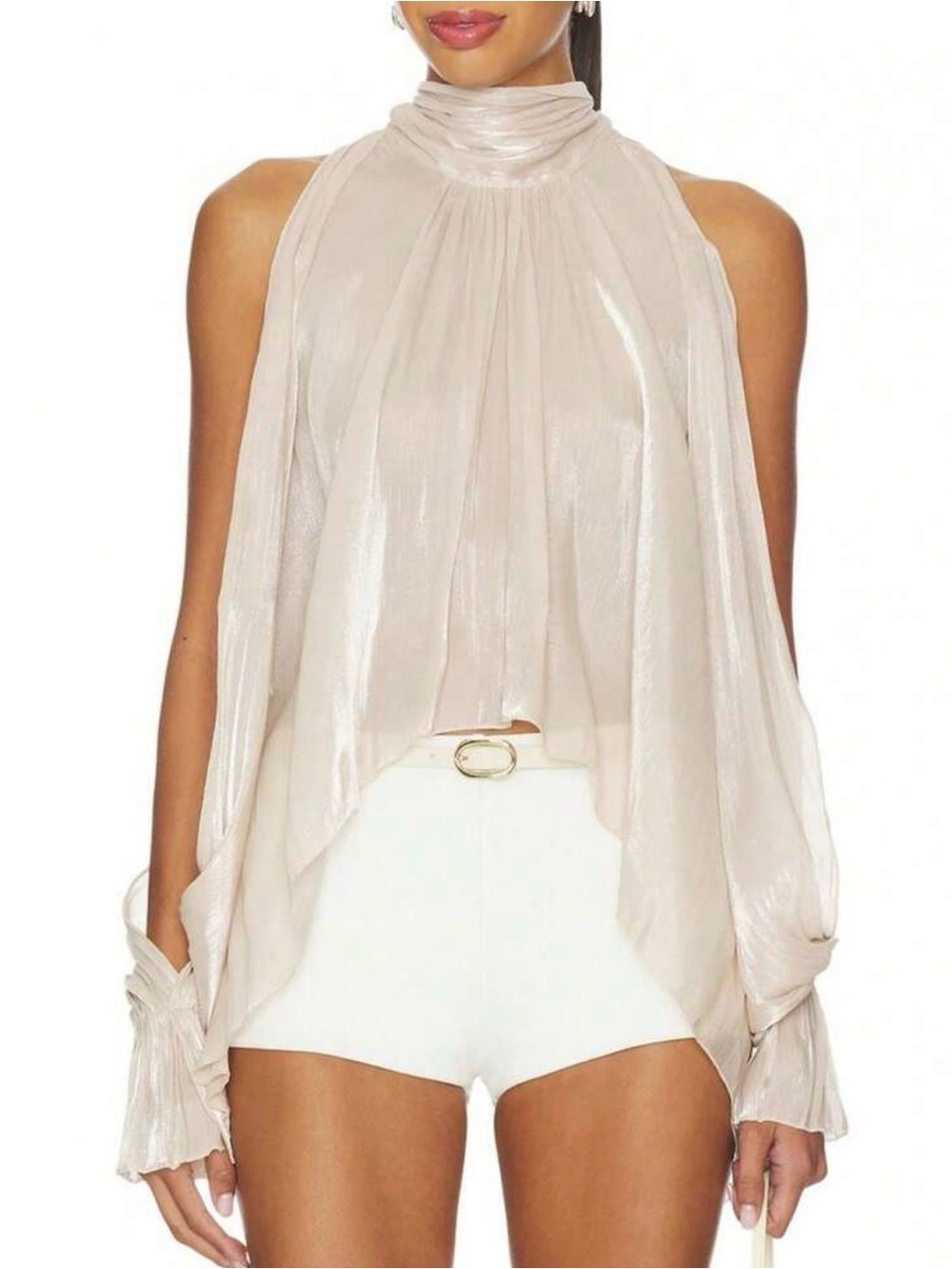 Elegant Cream High-Neck Draped Sleeve Women’s Top